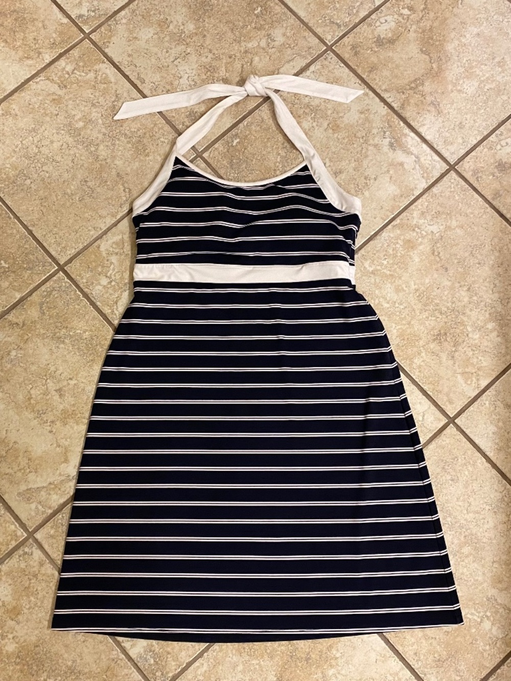 Navy blue striped halter swim dress byTalbots size large